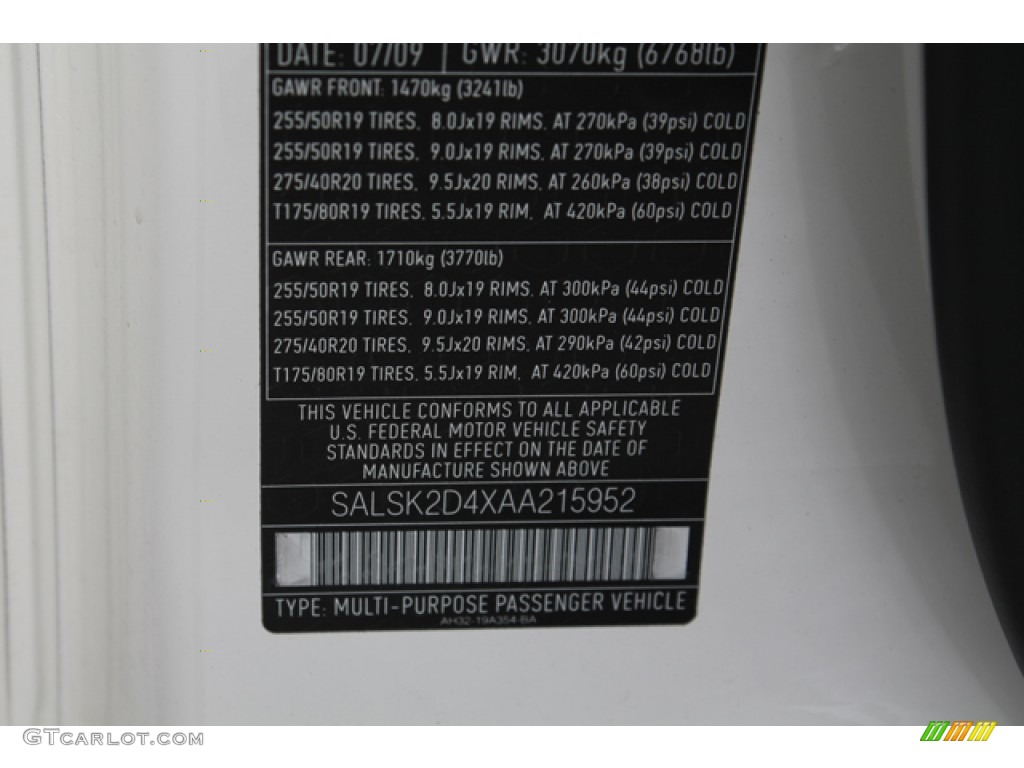 2010 Land Rover Range Rover Sport HSE Info Tag Photo #72042387