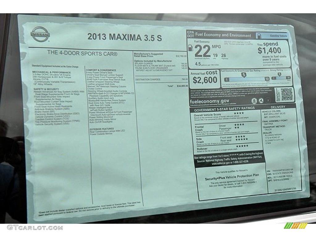 2013 Nissan Maxima 3.5 S Window Sticker Photo #72044323