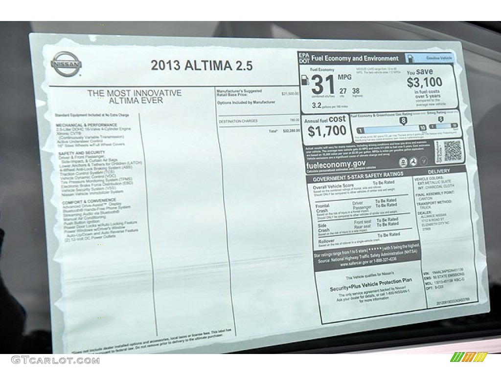 2013 Nissan Altima 2.5 Window Sticker Photo #72044470