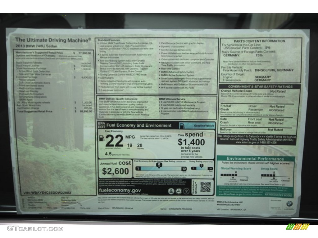 2013 BMW 7 Series 740Li Sedan Window Sticker Photo #72049660
