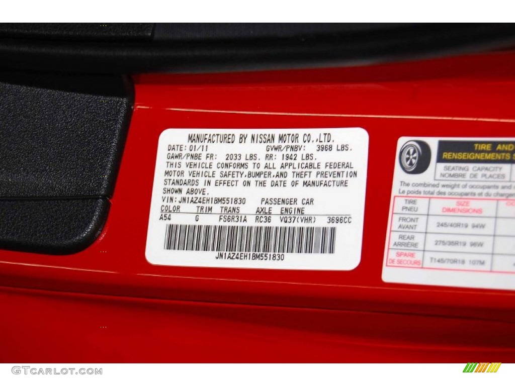 2011 370Z Color Code A54 for Solid Red Photo #72060494