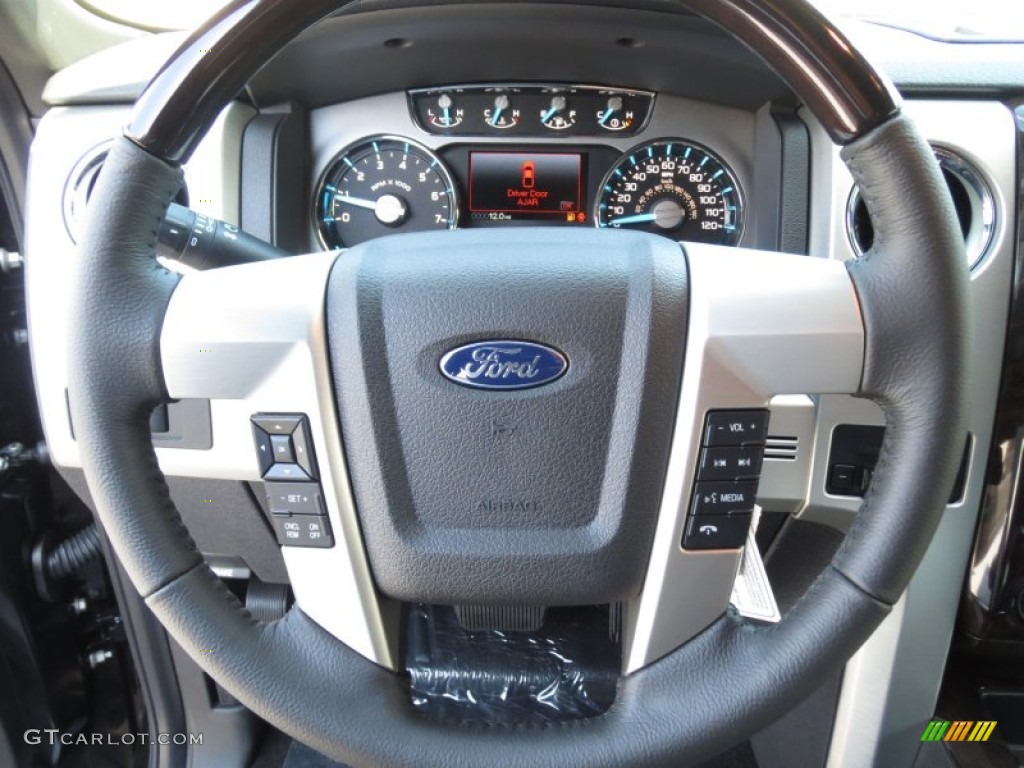 2013 Ford F150 Platinum SuperCrew 4x4 Platinum Unique Black Leather Steering Wheel Photo #72068536