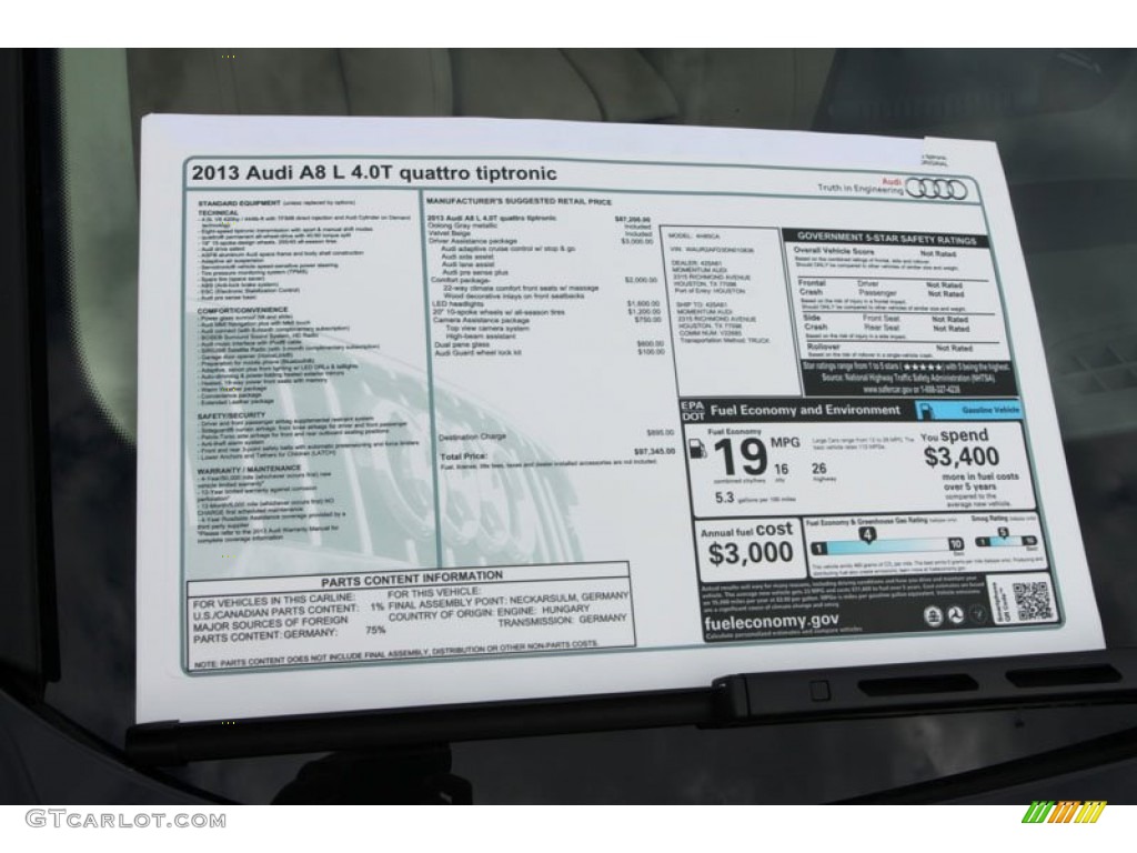 2013 Audi A8 L 4.0T quattro Window Sticker Photo #72074227