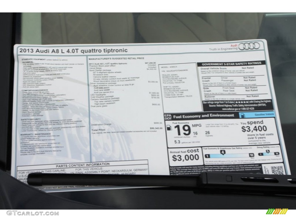 2013 Audi A8 L 4.0T quattro Window Sticker Photo #72074992
