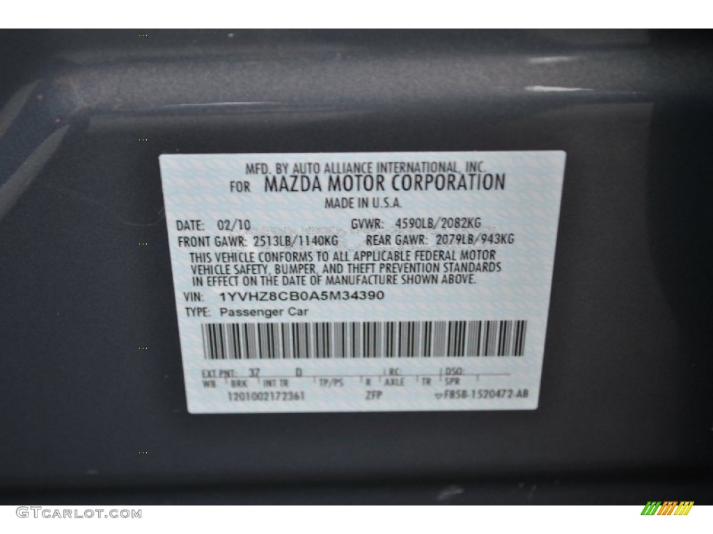 2010 MAZDA6 Color Code 37D for Comet Gray Mica Photo #72137527