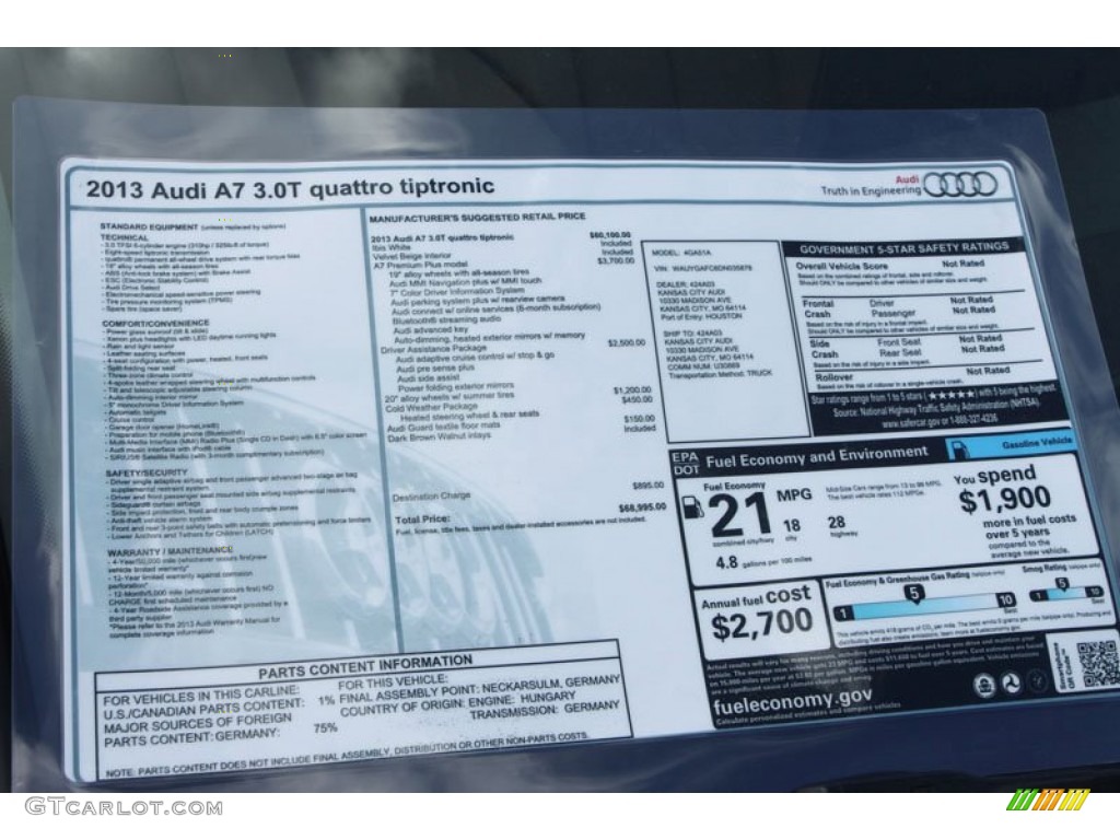 2013 Audi A7 3.0T quattro Premium Plus Window Sticker Photo #72147826