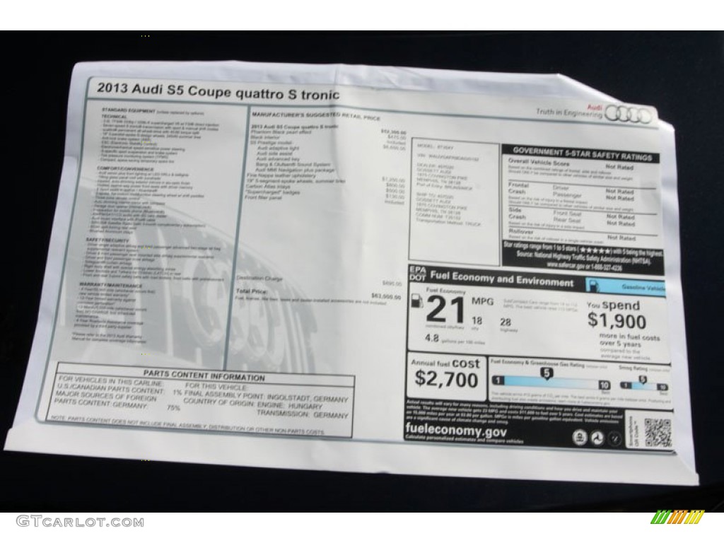 2013 Audi S5 3.0 TFSI quattro Coupe Window Sticker Photo #72148985