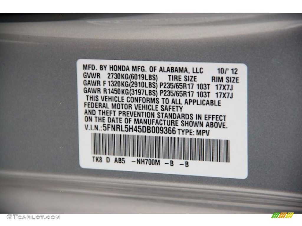2013 Odyssey Color Code NH700M for Alabaster Silver Metallic Photo #72169214