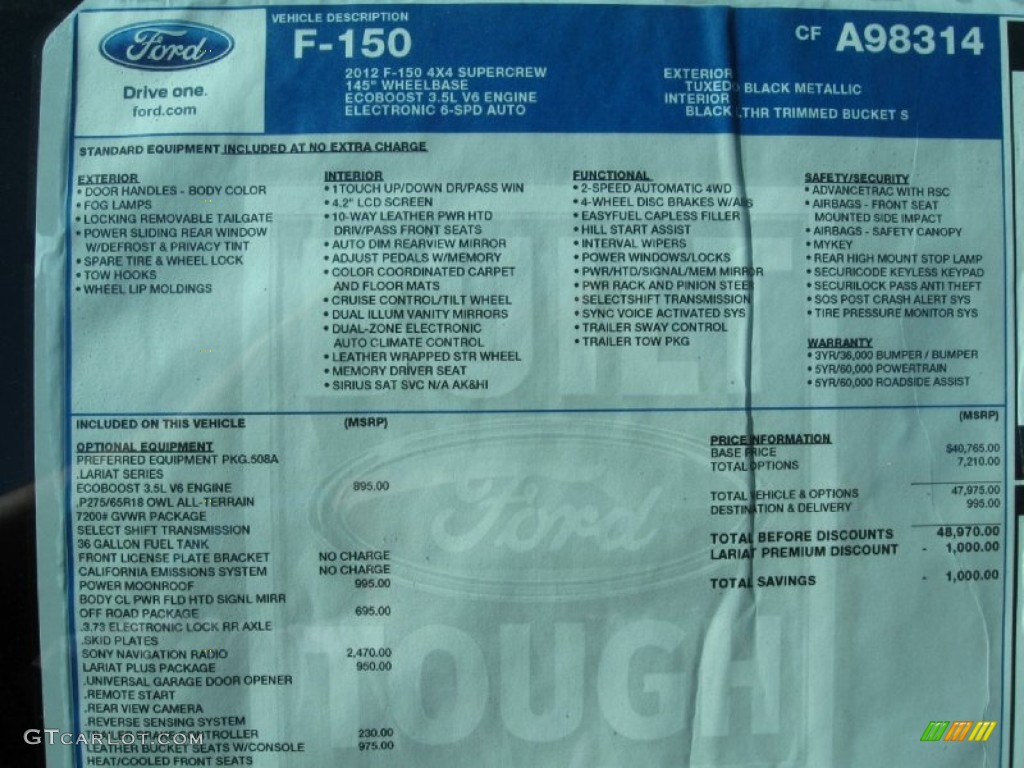 2012 Ford F150 Lariat SuperCrew 4x4 Window Sticker Photo #72181802