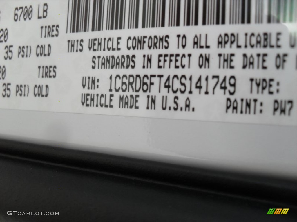 2012 Ram 1500 Color Code PW7 for Bright White Photo #72185271