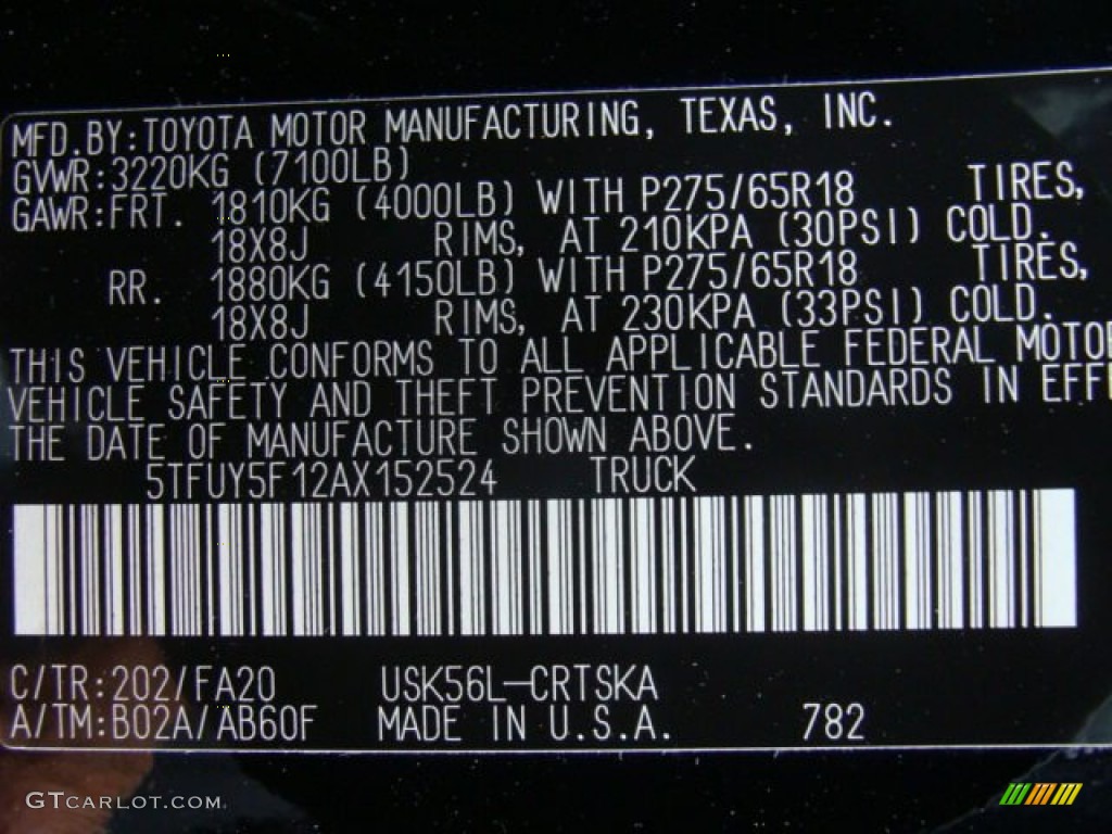 2010 Tundra Color Code 202 for Black Photo #72218853