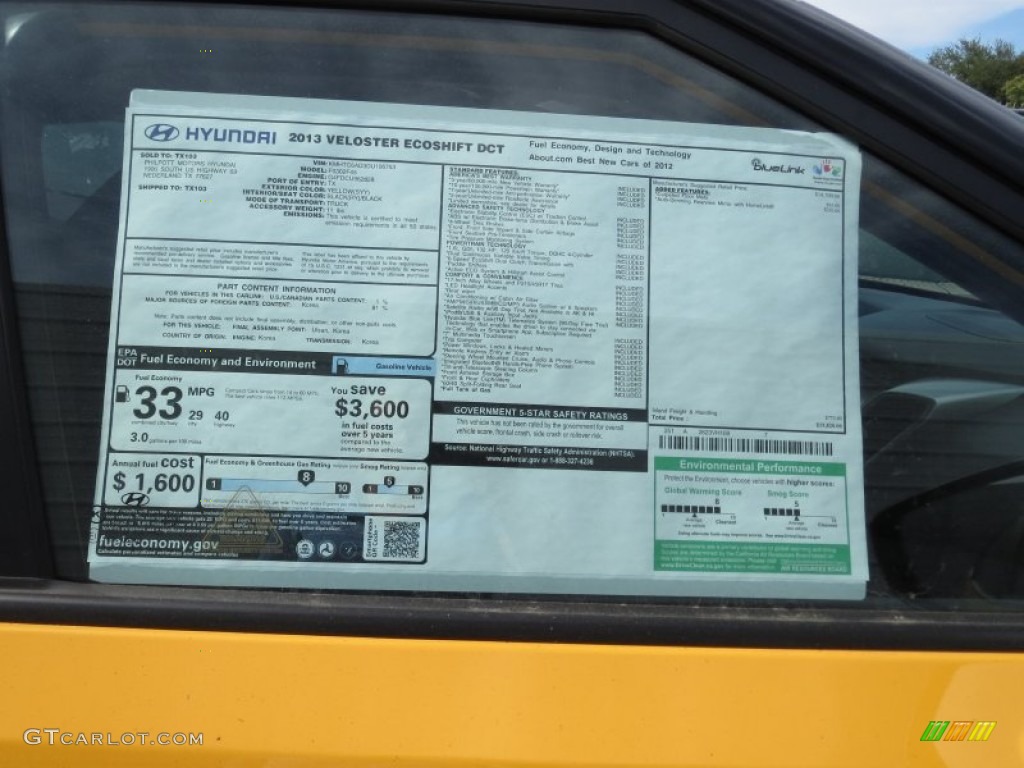 2013 Hyundai Veloster Standard Veloster Model Window Sticker Photo #72219323