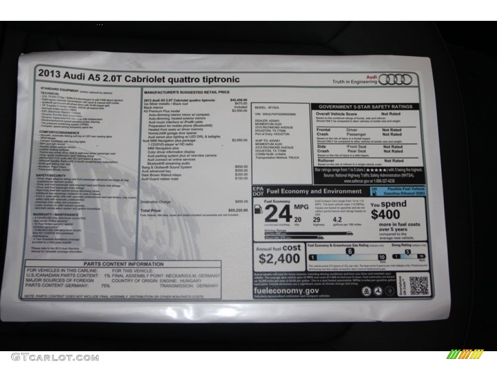 2013 Audi A5 2.0T quattro Cabriolet Window Sticker Photo #72234431