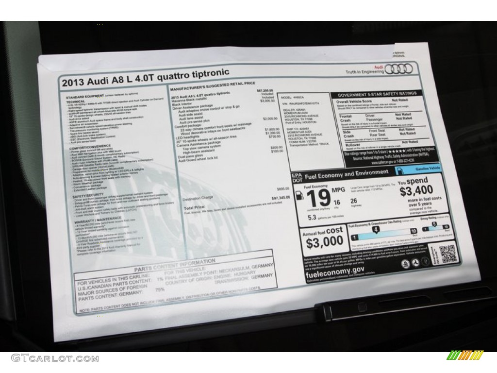 2013 Audi A8 L 4.0T quattro Window Sticker Photo #72236675