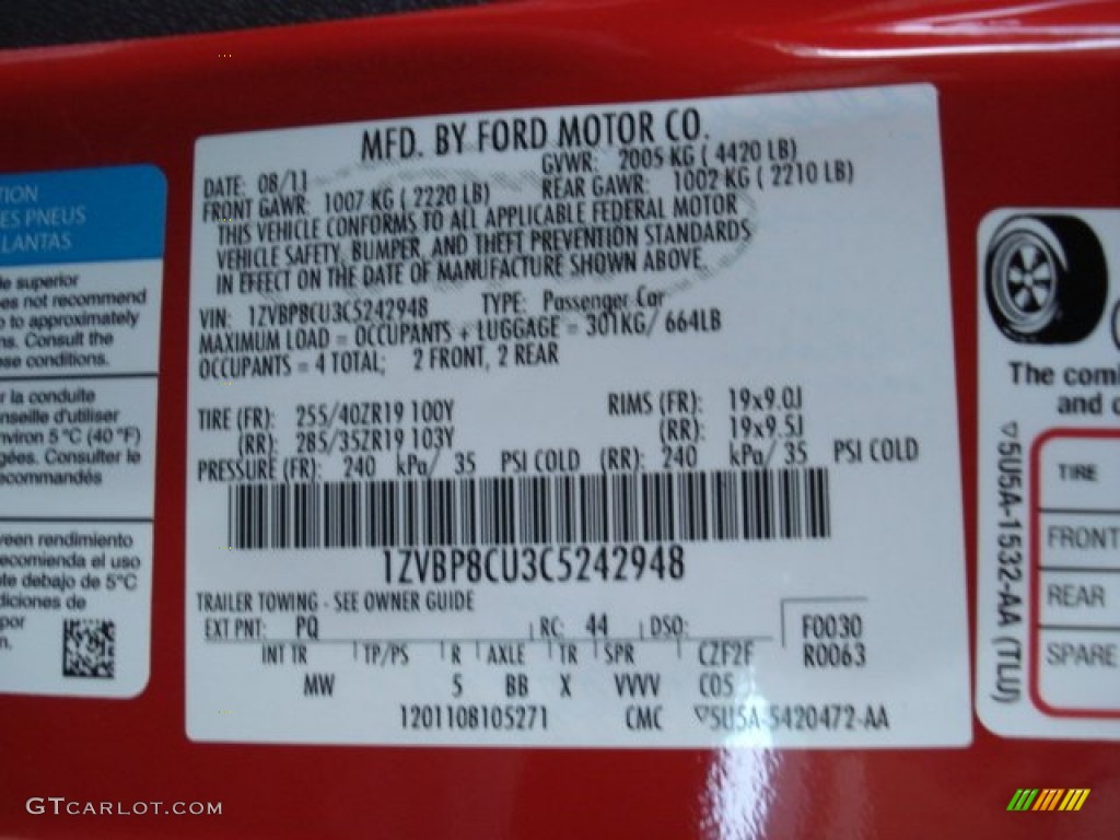 2012 Mustang Color Code PQ for Race Red Photo #72240359