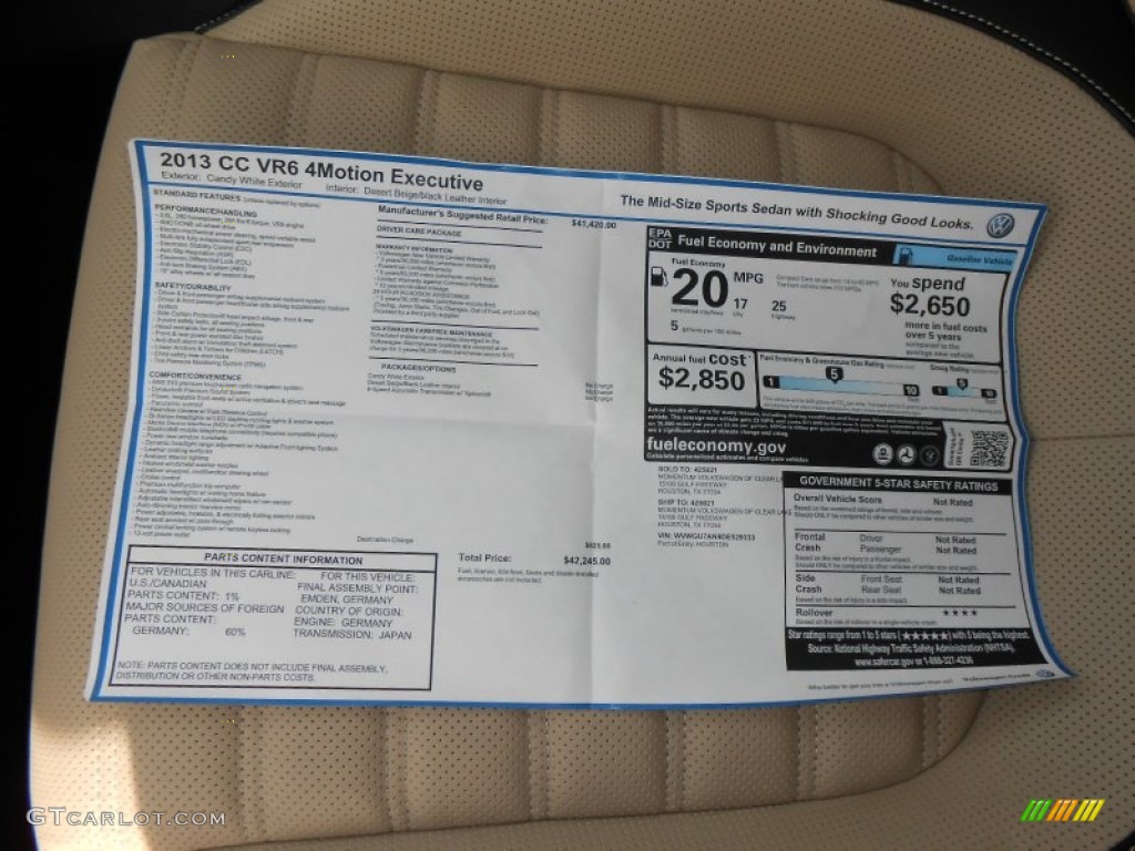 2013 Volkswagen CC VR6 4Motion Executive Window Sticker Photo #72243677