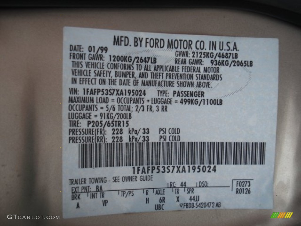 1999 Taurus Color Code BA for Light Prairie Tan Metallic Photo #72244373