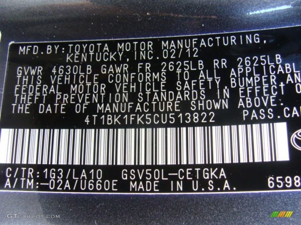 2012 Camry Color Code 1G3 for Magnetic Gray Metallic Photo #72254677