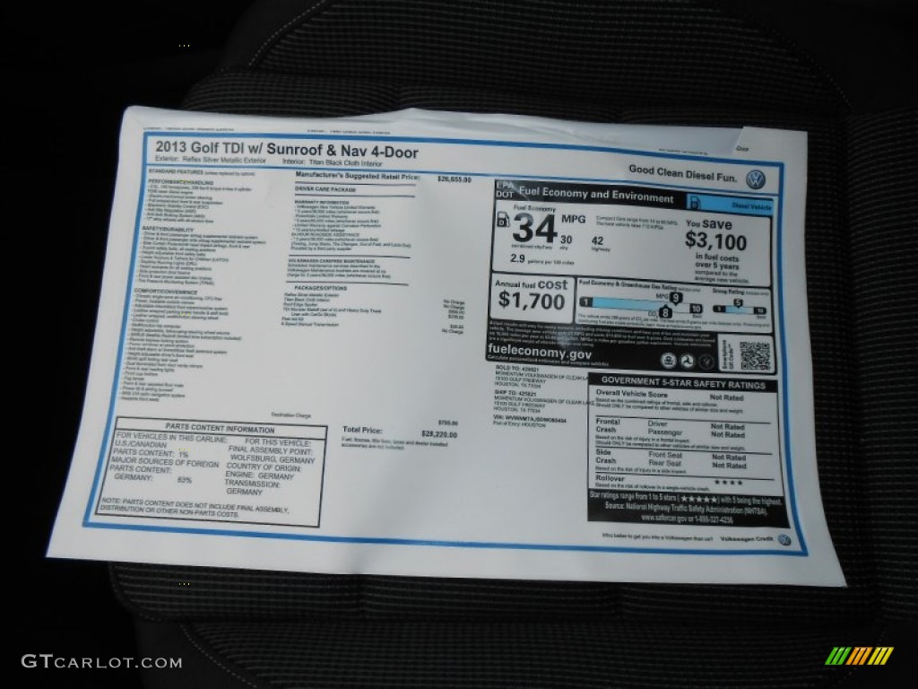 2013 Volkswagen Golf 4 Door TDI Window Sticker Photo #72264817