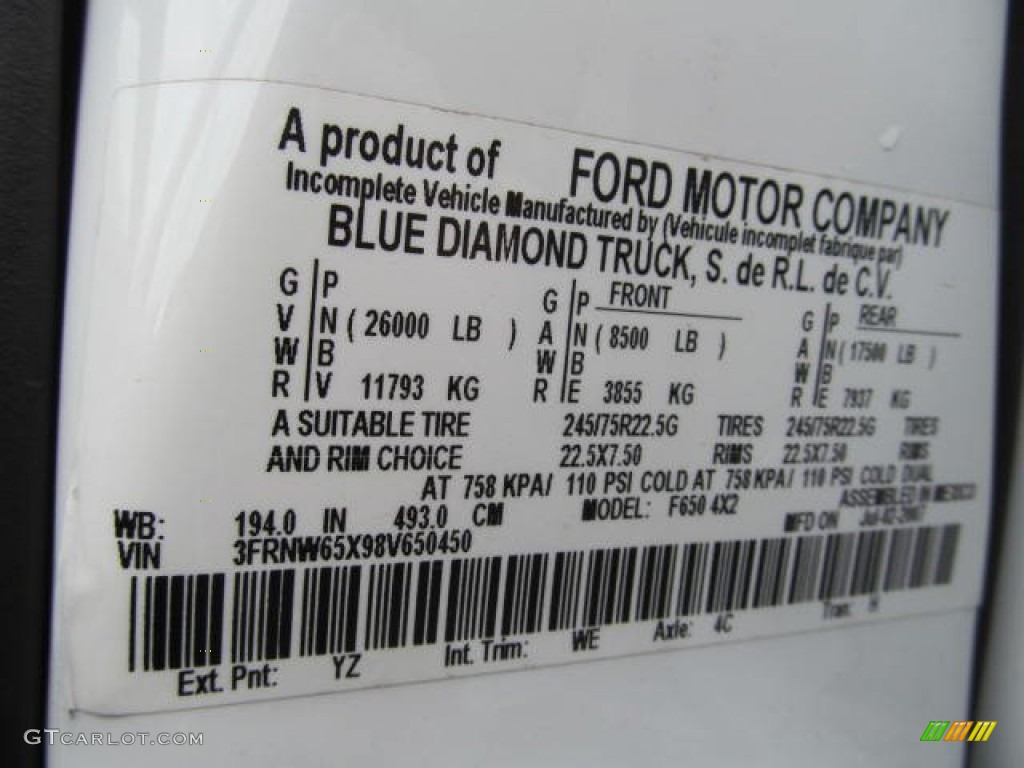 2008 F650 Super Duty Color Code YZ for Oxford White Photo #72322315