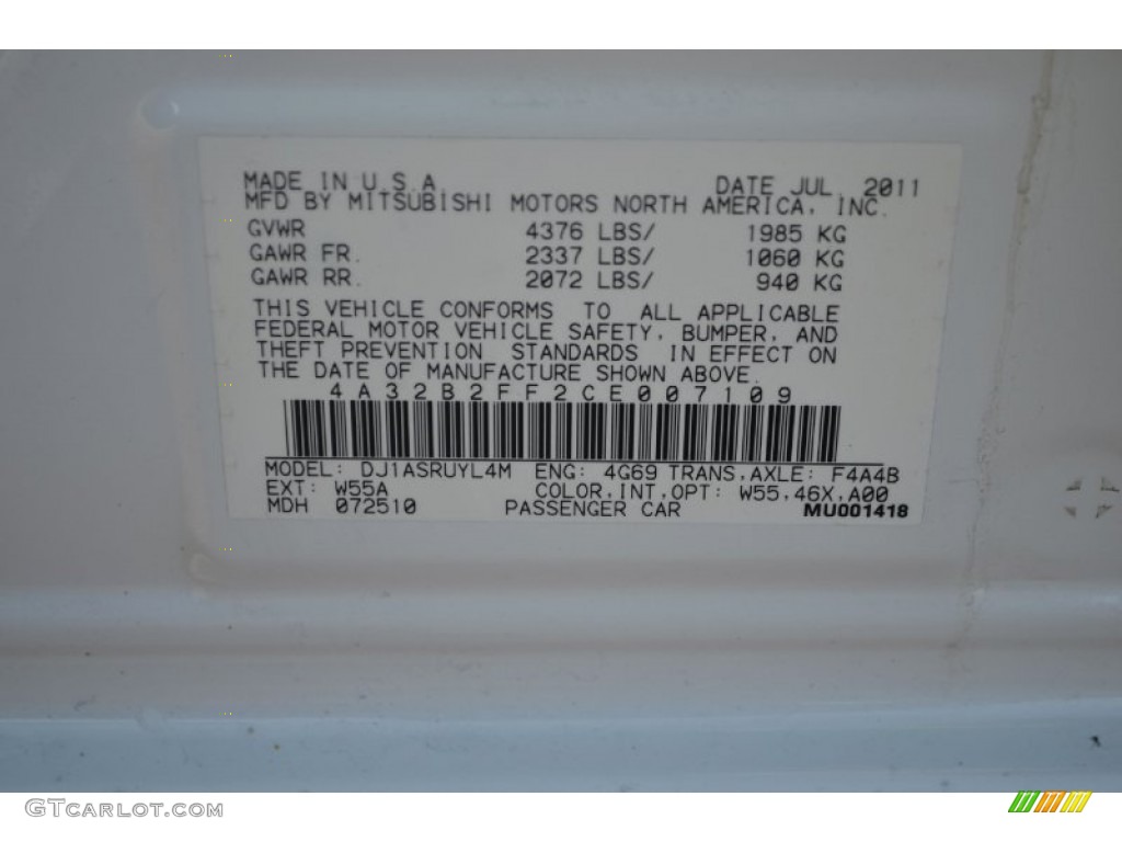 2012 Galant Color Code W55 for White Pearl Photo #72344626