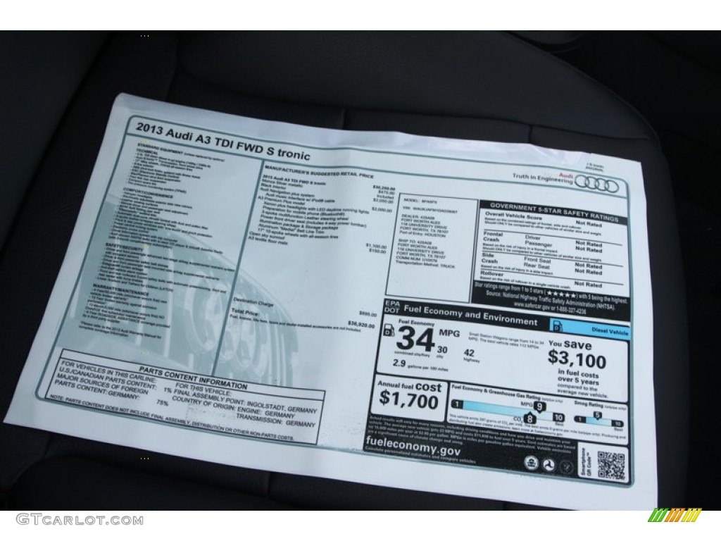 2013 Audi A3 2.0 TDI Window Sticker Photos