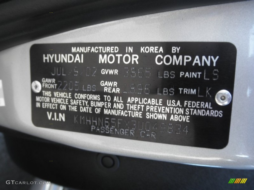 2003 Hyundai Tiburon GT V6 Color Code Photos