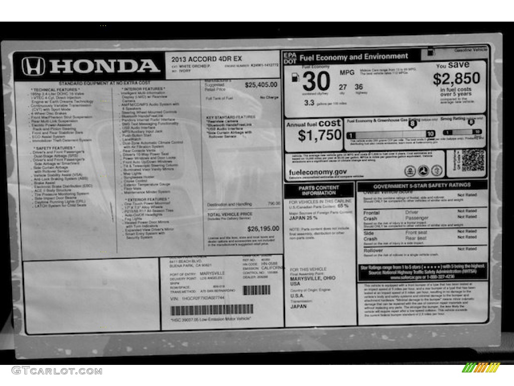 2013 Honda Accord EX Sedan Window Sticker Photo #72384555