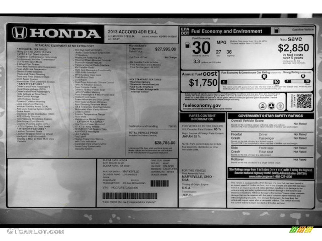 2013 Accord EX-L Sedan - Modern Steel Metallic / Gray photo #21