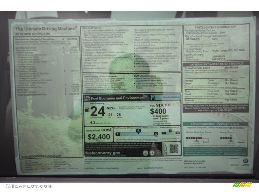 2013 BMW X3 xDrive 28i Window Sticker Photo #72400304