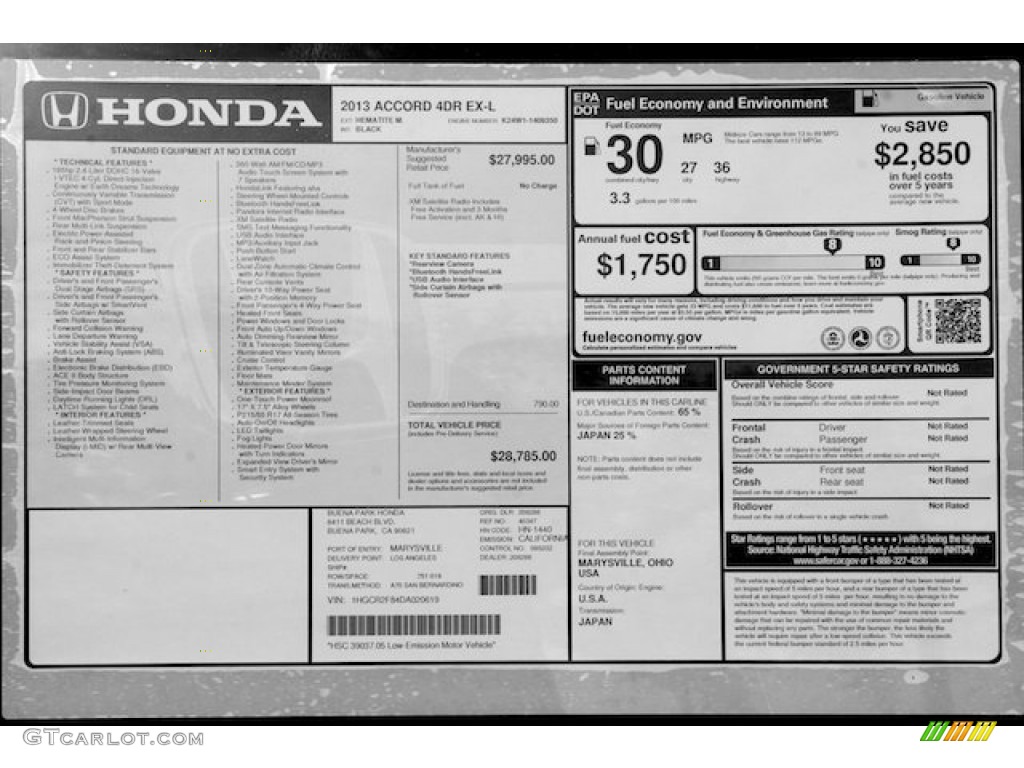 2013 Honda Accord EX-L Sedan Window Sticker Photo #72406286