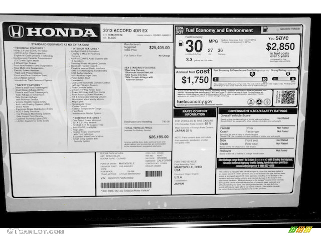 2013 Honda Accord EX Sedan Window Sticker Photo #72406709