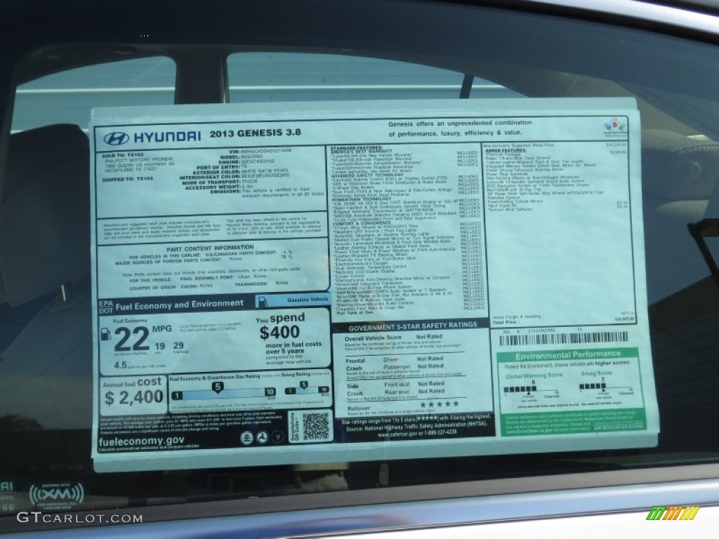 2013 Hyundai Genesis 3.8 Sedan Window Sticker Photo #72408461