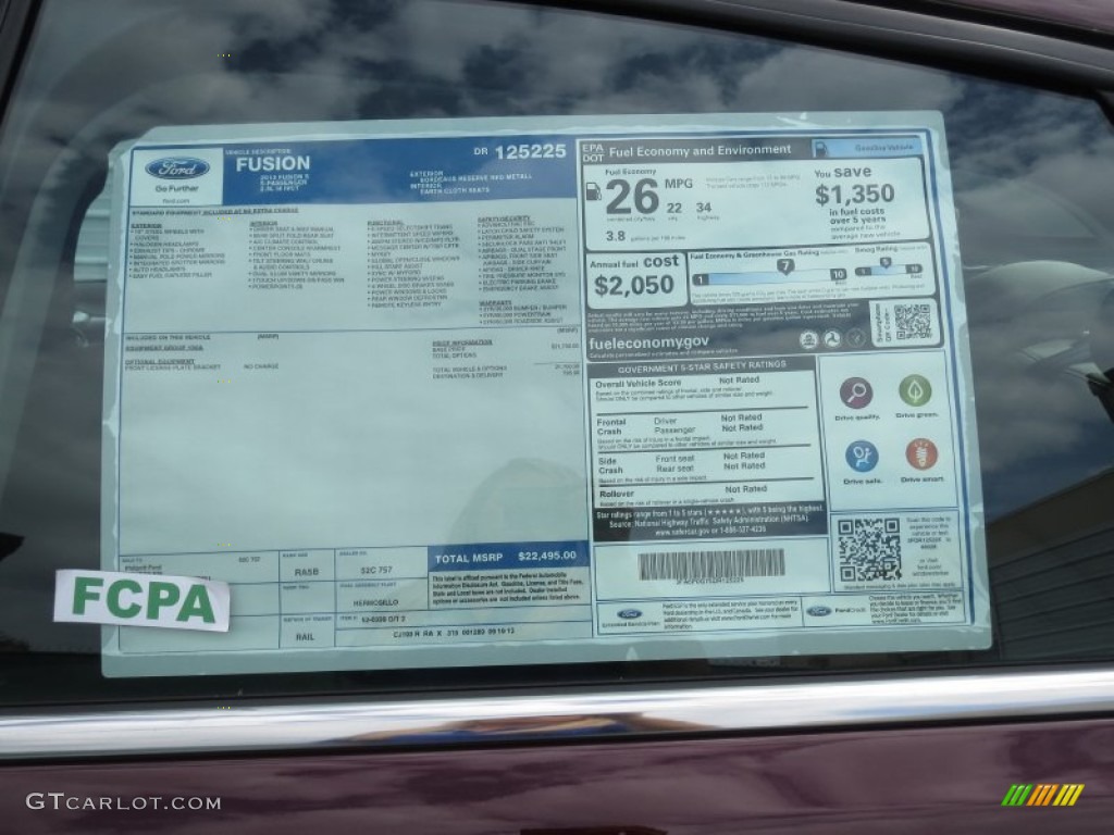 2013 Ford Fusion S Window Sticker Photo #72409904