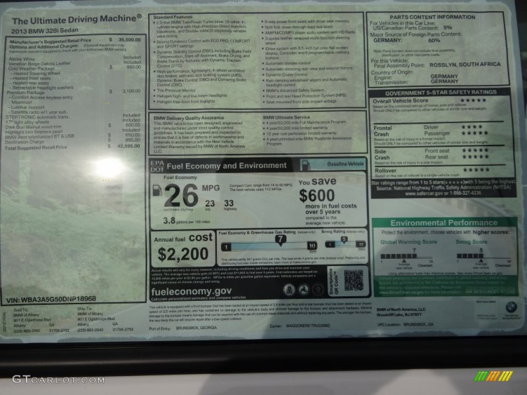 2013 BMW 3 Series 328i Sedan Window Sticker Photo #72439194