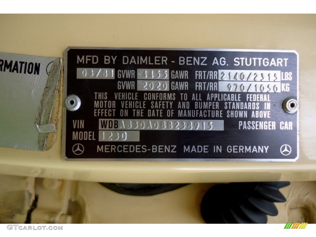 1981 Mercedes-Benz E Class 300 D Sedan Info Tag Photos