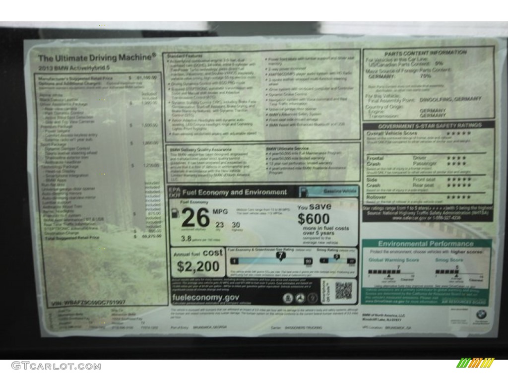 2013 BMW 5 Series ActiveHybrid 5 Window Sticker Photo #72466832