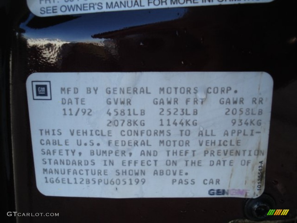 1993 Cadillac Eldorado Standard Eldorado Model Info Tag Photo #72478903