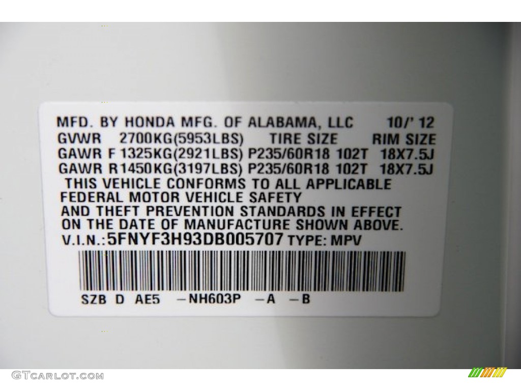 2013 Pilot Color Code NH603P for White Diamond Pearl Photo #72493855