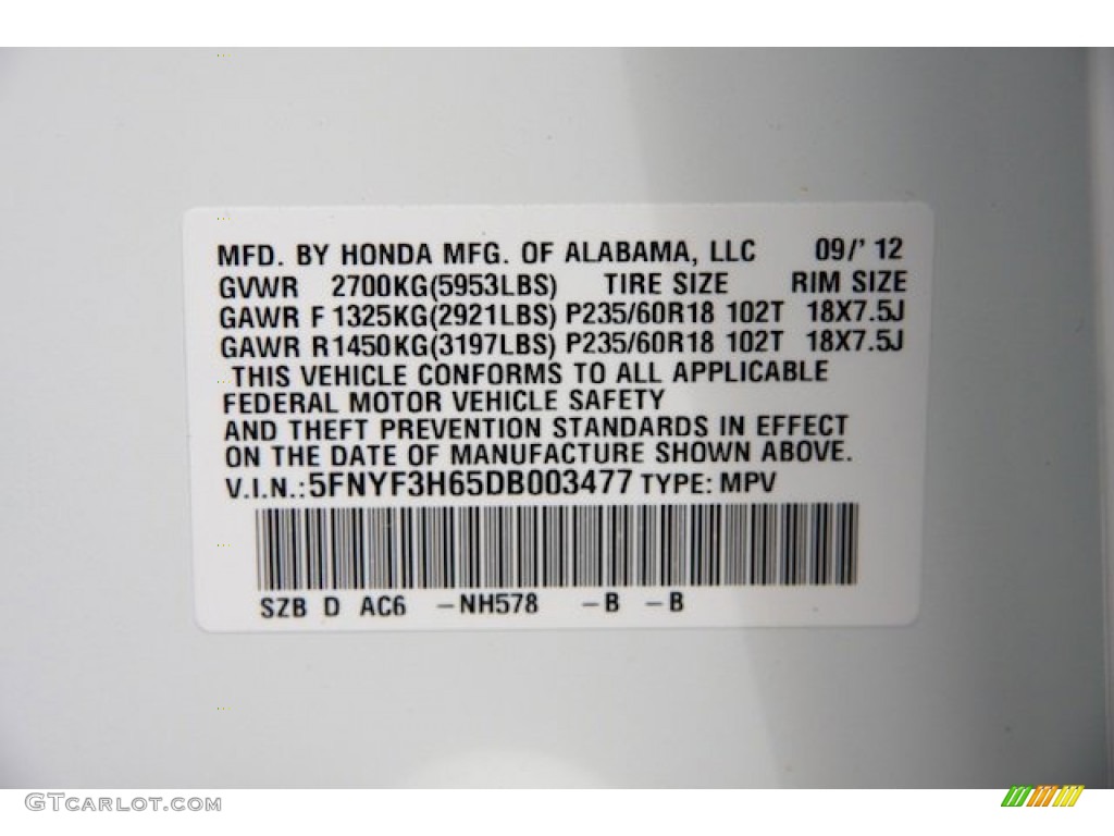 2013 Pilot Color Code NH578 for Taffeta White Photo #72494349