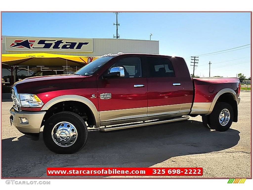 2012 Ram 3500 HD Laramie Longhorn Mega Cab 4x4 Dually - Deep Cherry Red Crystal Pearl / Light Pebble Beige/Bark Brown photo #1