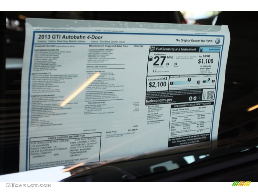 2013 Volkswagen GTI 4 Door Autobahn Edition Window Sticker Photo #72517443