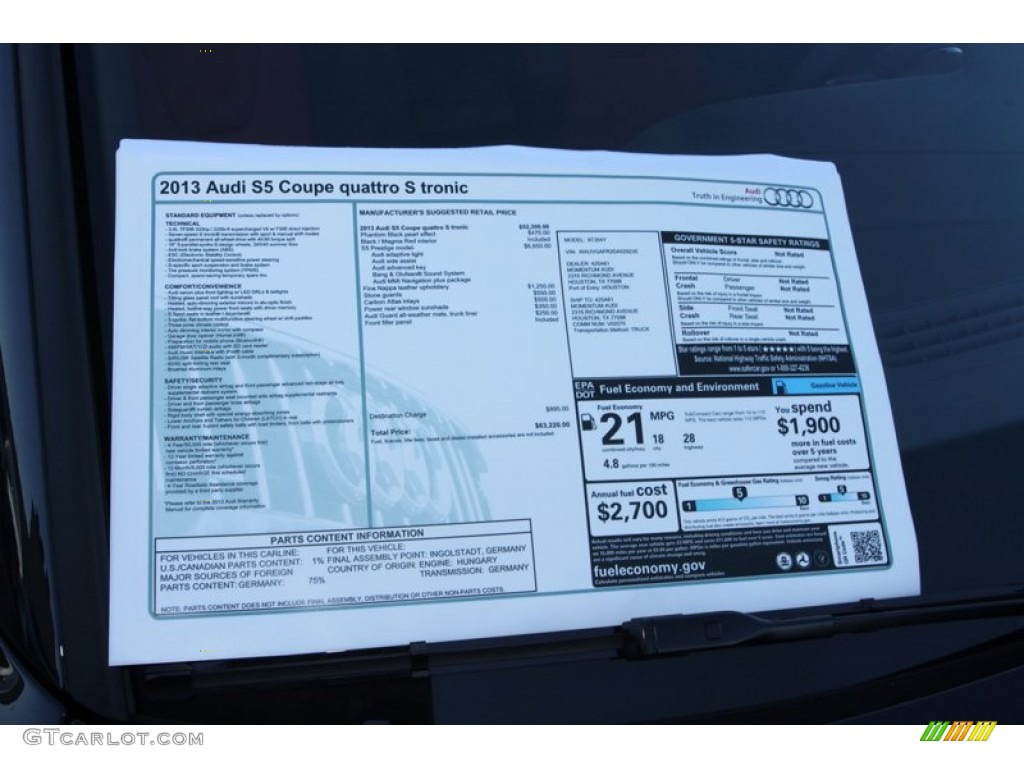 2013 Audi S5 3.0 TFSI quattro Coupe Window Sticker Photo #72518988