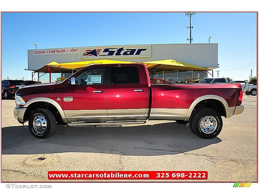 2012 Ram 3500 HD Laramie Longhorn Crew Cab 4x4 Dually - Deep Cherry Red Crystal Pearl / Light Pebble Beige/Bark Brown photo #3