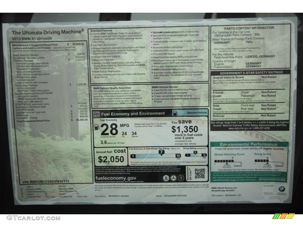 2013 BMW X1 sDrive 28i Window Sticker Photo #72523617