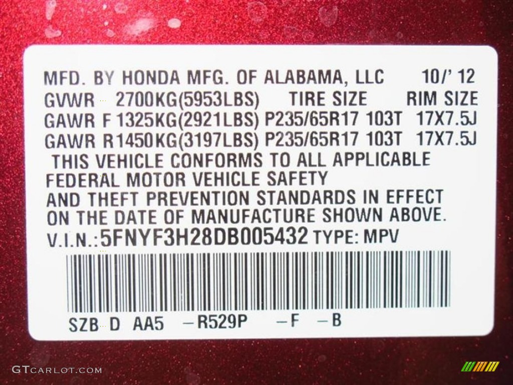 2013 Pilot Color Code R529P for Dark Cherry Pearl Photo #72524952