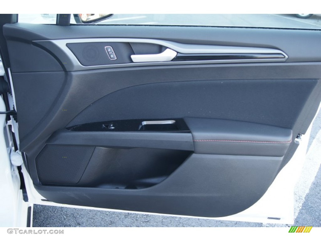 2013 Ford Fusion SE 1.6 EcoBoost SE Appearance Package Charcoal Black/Red Stitching Door Panel Photo #72556927