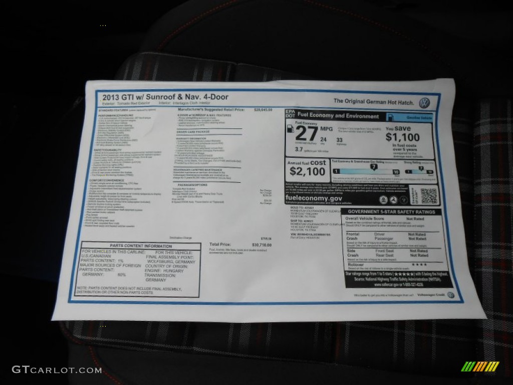 2013 Volkswagen GTI 4 Door Window Sticker Photo #72562665