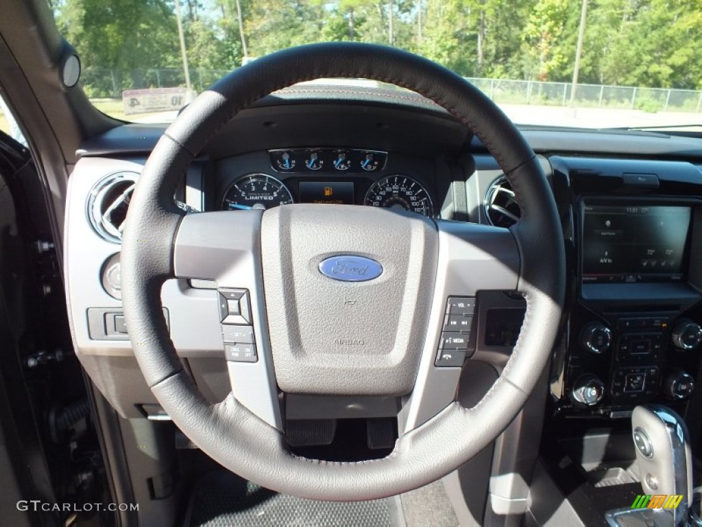 2013 Ford F150 Limited SuperCrew 4x4 Limited Unique Red Leather Steering Wheel Photo #72570237