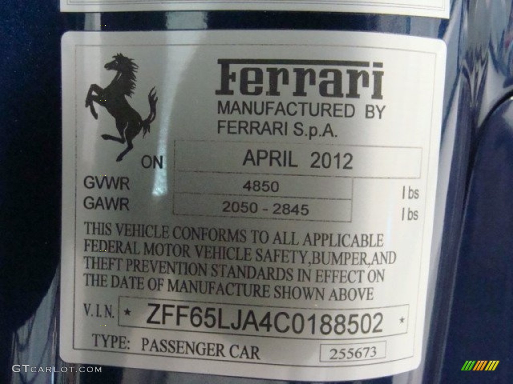 2012 Ferrari California Standard California Model Info Tag Photo #72579944